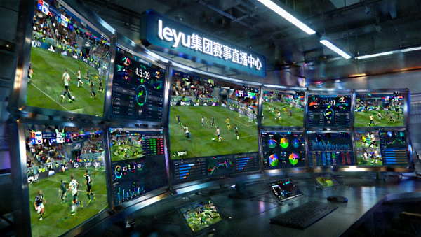 leyu集团赛事直播中心工作场景，多块监视器展示全球不同足球比赛实时画面与数据流