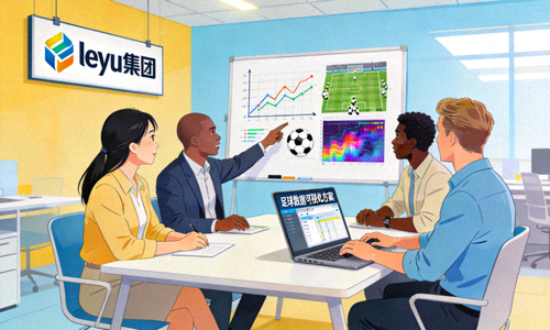 leyu集团团队协作场景，多文化背景员工在讨论足球数据可视化方案
